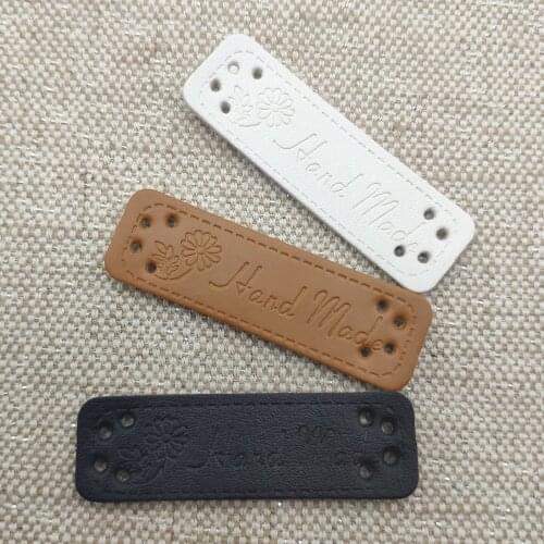Handmade Gift Labels With Flower For Clothing Rural Style Pu Leather Hand Made Tags Natural Flower Logo Hat Handmade Labels