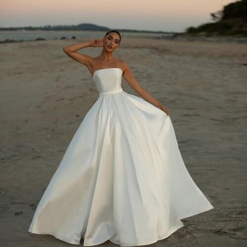Simple Design Satin Wedding Dress Strapless A Line Satin Floor Length Cheap Beach Bridal Gowns Vestidos De Fiesta