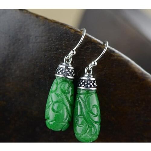 Silver Earrings antique engraving, Thai silver inlaid iron dragon born green jade earrings, female fashion earrings