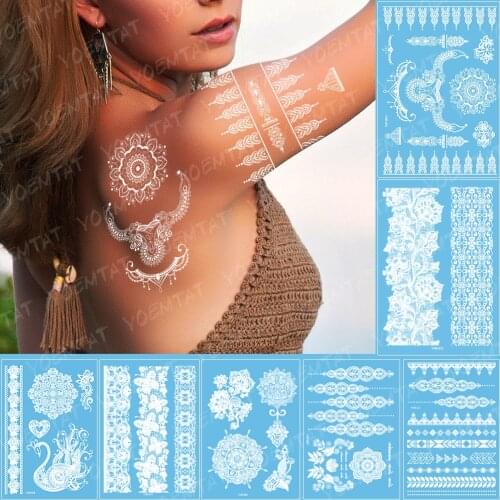 1PC Fashion Flash Waterproof Tattoo Women White Ink Henna Tatto Jewel Lace Flower Bride Tatoo Mandala Temporary Tattoo Sticker