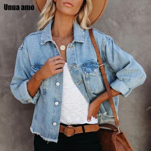Unua amo Streetwear Frayed Fringed Jean Jacket For Women Fashion Loose Wild Vintage Denim Coat Basic Jacket 2021 Clothing