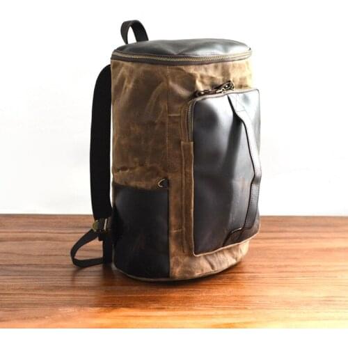 VZVA Bucket Backpack Canvas Leather Mountaineering Hiking Backpack Rucksack Bags Vintage Fashion Travel Laptop Bags