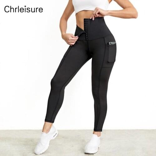 CHRLEISURE Women Fitness Leggings Body Shaper High Waist Push Up Black Legging Pockets Gym Training Slim Stretch Workout Leggins