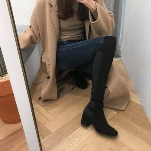 British Style Sleeve Boots Square Head Thick High Heel Side Zipper Winter Boots Women Fashion Over The Knee Boots Size 33-42