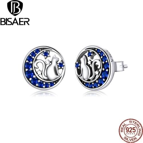 BISAER Hot Sale Moonlight Cat Stud Earrings 925 Sterling Silver Blue Zircon Moon Kitty Cat Small Earrings Cute Jewelry ECE880
