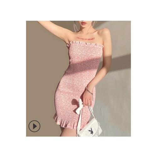 2021 New Women Sexy Smocked Floral Dress, Adults Slim Fit Strapless High Waisted Boat Neck Ruffle