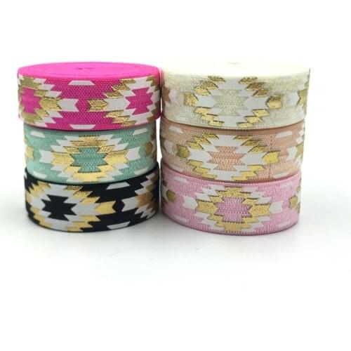 5yards/lot Gold Foil Printed aztec Fold Over Elastic Retail Packing For DIY Hair Tie Hair Supplies