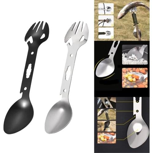 8-in-1 Multipurpose Camping Spoon Fork Spork Beer Bottle Can Opener Black Camp Cooking Supplies