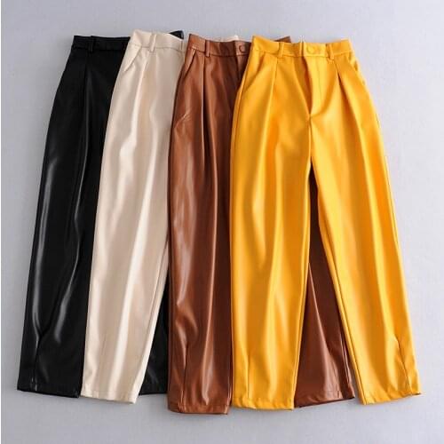 Brand New PU Leather Loose Pants Women Fashion Faux Leather Trousers Yellow Elegant Pockets Zipper Button Pant Female Ladies