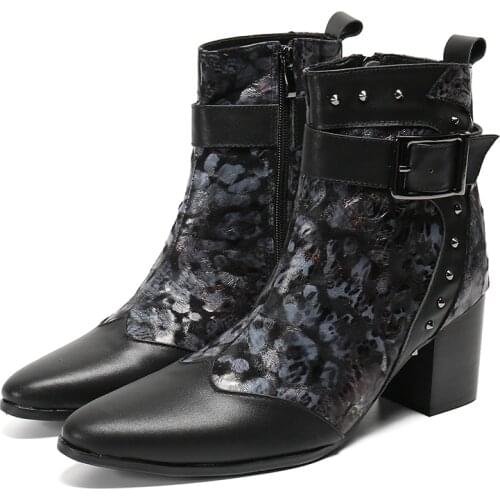 Christia Bella Winter Rivets Men High Heel Boots Pointed Toe Buckle Nightclub Party Dress Boots Real Leather Men Increase Boots