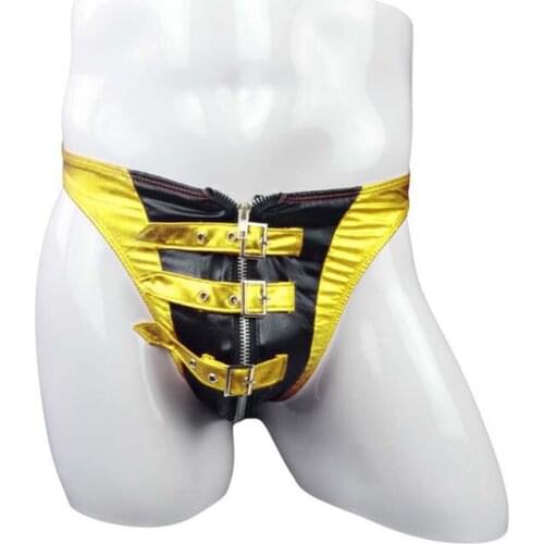 Men Briefs Underwear Sexy Artificial Leather Male New Zipper Low Waist Thong Underpant Clubwear Nightclub Pouch G-Strings T-back