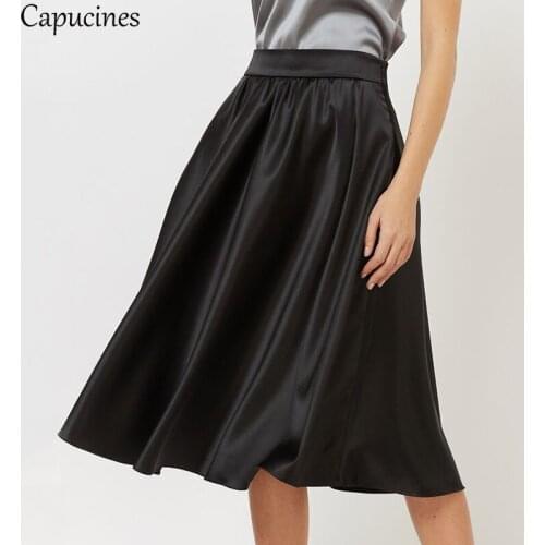 Elegant Vintage Knee Length Midi Skirt Women Autumn Solid Elastic Waist Big Swing A-Line Skirts Female Ladies Office Work Wear