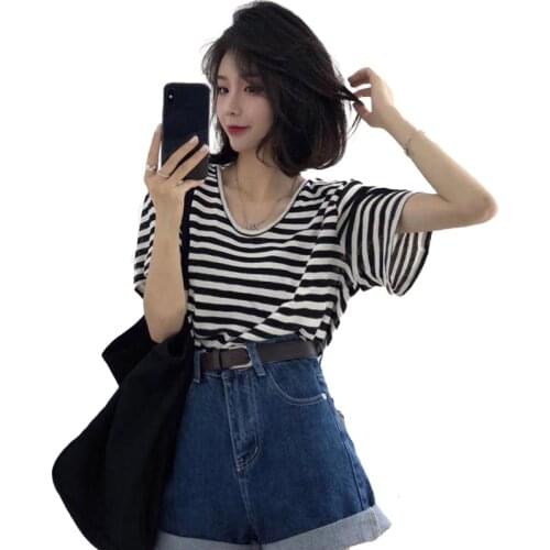 Striped woman short sleeve t-shirt female 2021 new loose cotton Korean chic Hong Kong Style half sleeve hot girl summer shirt