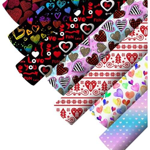Smooth Faux Leatherette Sheets Valentine Heart Printed Synthetic Leather Fabric For Bows Crafts DIY Handmade Material,1Yc19435