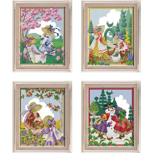 Joy Sunday Cross Stitch Kit Four Seasons Girl Pattern 11ct 14ct Printing Sewing Embroidery Kit Modern Home Decoration Painting