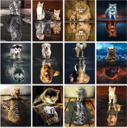 ZOOYA 5D Diamond Painting Animals Reflection Full Square Diamond Embroidery Cat Dog Pictures Of Rhinestones Mosaic Home Decor