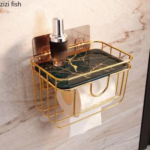 Marble Texture Ceramic Tissue Holder Box Toilet Paper Roll Holder Wall-mounted Paper Towel Holder Punch-free Bathroom Shelf