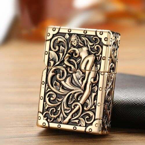 Kerosene Lighter European and American Style Chief Flower Fairy Retro Embossed Pure Copper Gift Box Cigarette Accessories