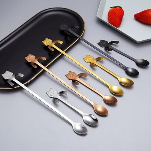 Coffee Spoon Mini 304 Stainless Steel Cartoon Cat Spoon Long Handle Flatware Coffee Drinking Tools Kitchen Gadget Teaspoons