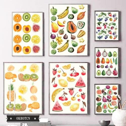 Colorful Vintage Fruit Collection Wall Art Canvas Painting Peach Avocado Banana Watermelon Pineapple Kiwi Posters and Prints