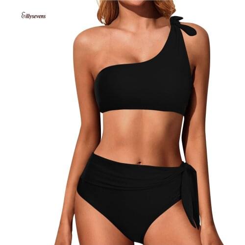 Solid Color Swimsuit Women Strap Split Swimwear Bikini Print Sexy Bikinis 2021 One-shoulder Swimsuit Maillot De Bain Femme