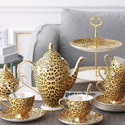 Leopard Coffee Teapot Ceramic Mug Phnom Bone China Sugar Jar Milk Jug Creamer Spoon Tea Cup Saucer Home Kitchen Drinkware