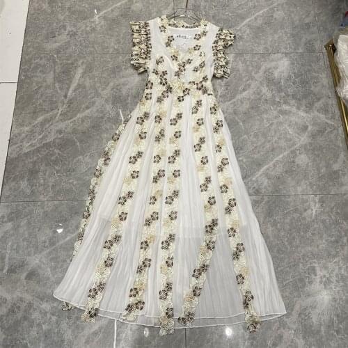 Summer dress 2021 new fashion embroidery ribbon lace flower stitching short-sleeved pleated chiffon long dress woman