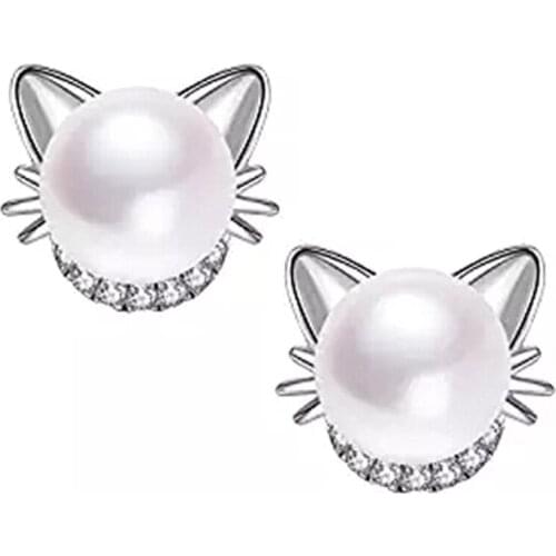 Hypoallergenic Pearl Cat Stud Earrings for Women Girls Gift Wedding Jewelry Brincos Bijoux Pendientes Cute Trendy Push-back