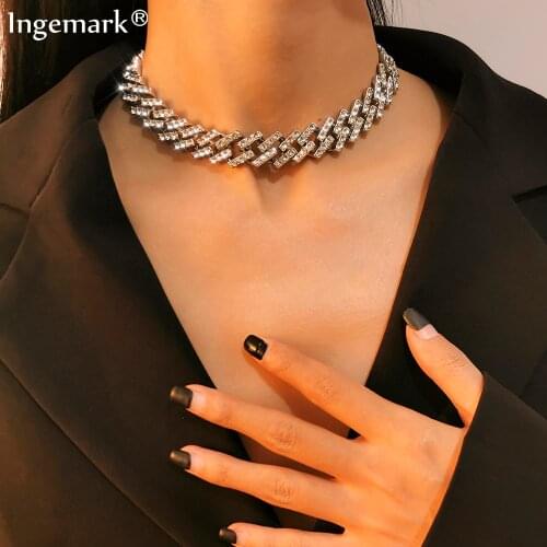 Hip Hop Iced Out Paved Rhinestones Choker Miami Curb Cuban Chunky Chain CZ Bling Rapper Necklaces With Circle For Men Jewelry