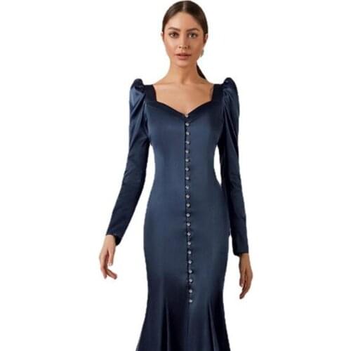 2021 Spring New Womens Dresses European And American French Slim High Waist Puff Sleeve V-neck Fishtail Dress
