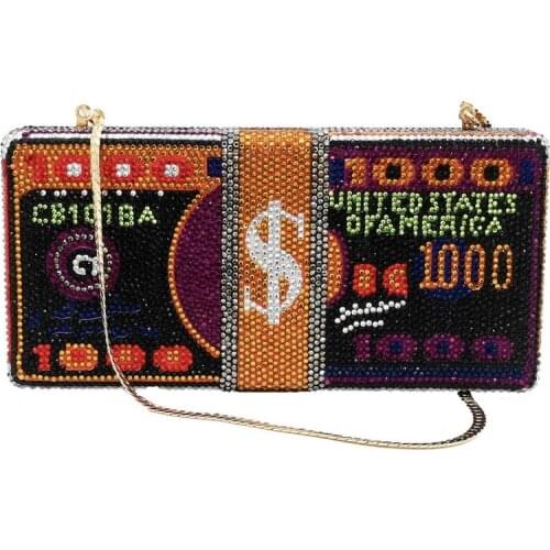 New Design Ladies Luxury Multicolour $100 Dollar Crystal Diamond Clutch Purses Rhinestone Evening Bag Handbag Money Bag