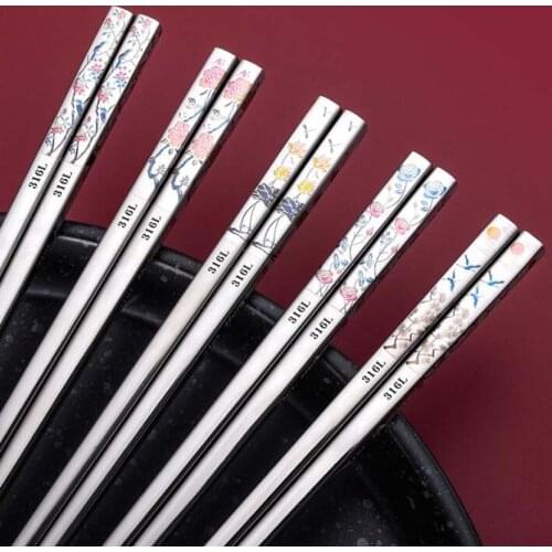 27CM Stainless Steel Antiskid Long Chopsticks Household Mould Proof Tableware Peony Crane Rose Design Laser Engraving