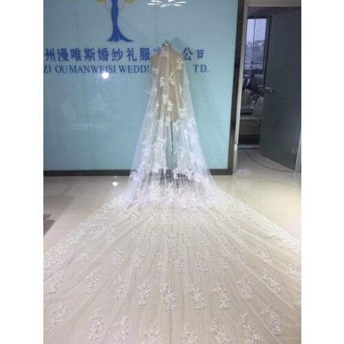 Real Images Bridal Veils Cathedral Length With Free Comb 5 M Long White Ivory Lace Applique Beads Crystal Wedding Veils