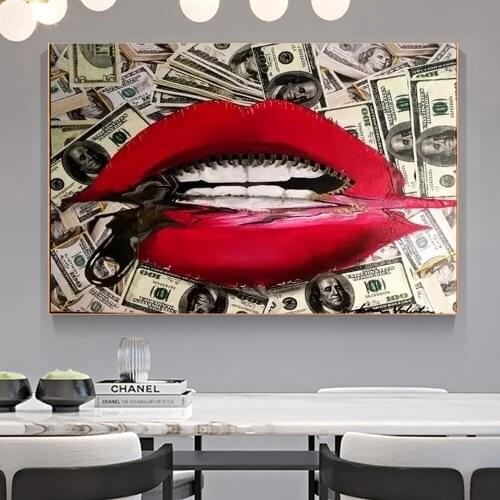 Modern Sexy Red Lips on Money Poster Painting Printmaking HD Pictures Printed on Canvas Used for Room Home Decor Wall Art