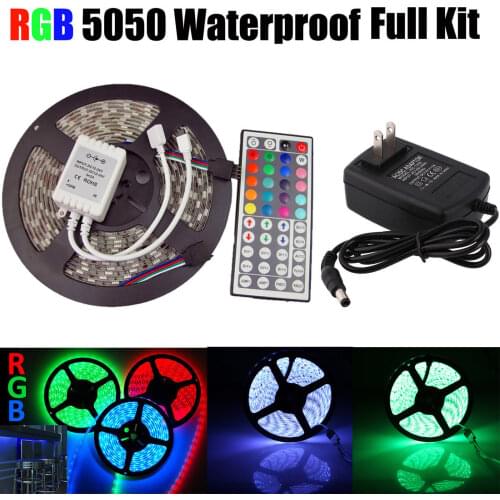 Led strip light 5050 RGB tape set waterproof ip65 300led 5m with 44key remote controller 12V power supply adapter color changing