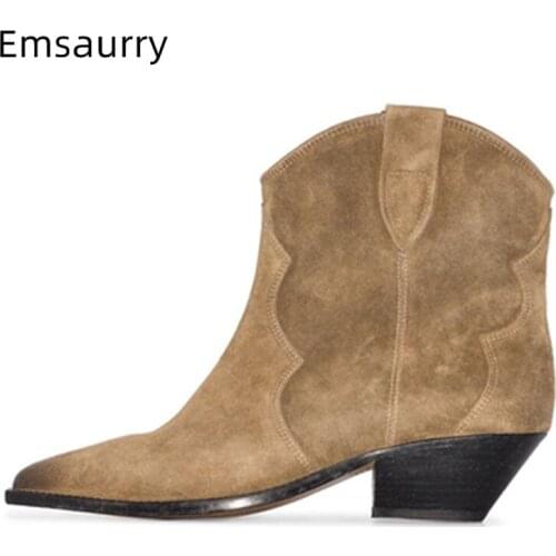 Sexy Patchwork Sewing Ankle Boots Women Med Square Heel Point Toes Slip-on Runway Botas Autumn Winter Short Booties