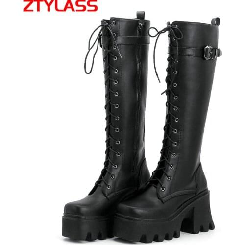 2021 Fashion Knee High Boots Platform Women Boots Chunky High Heel Long Boots Lacing Zipper Autumn Winter Woman Shoes Size 42 43