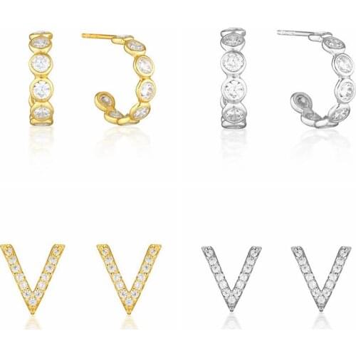 925 Silver Ear Needle Creativity Letter C and V Type Stud Earring For Women Gold Color Crystal Earring Fashion Party Jewelry