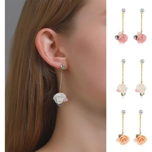 High Quality Crystal 3D Rose Pendant Earrings For Women Girls Fashion Long Flower Charms Stud Ear Jewelry Party Gifts