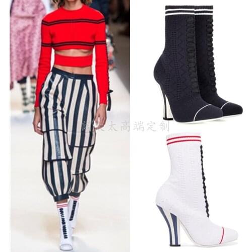 Strange Style Heel Runway Women Boots Round Toe Wool Knitting Women Chelsea Boots ManliNaYa Brand Design Stripes Female Boots