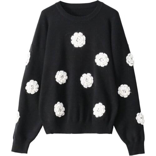 Fall Winter Women Black Casual Pullover Sweater O-Neck Korean Style Sweet Embroidery 3D Flower Leisure Loose Warm Color Sweater