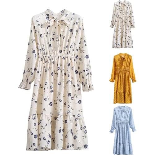 Women Bowknot Nack Bottoming Dress Slim Long-sleeved Elastic Waist Mid-length Floral Dress Spring Autumn Elegant Ladies Dresses