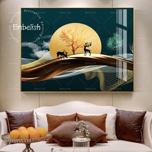 1 Pieces Golden Deers Under Moon Night Landscape Modern Artworks For Living Room HD Canvas Paintings Home Decor Posters
