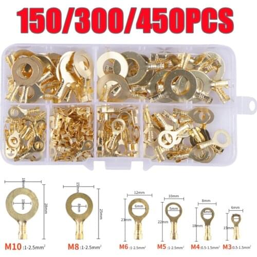 150/300/450PCS M3/M4/M5/M6/M8/M10 Ring Lugs Eyes Copper Crimp Terminals Cable Lug Wire Connector Non-insulated Assortment Kit