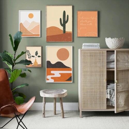 White Line Plant Canvas Painting Abstract Picture Mountains and Rivers Sun Landscape Poster Still Life Vase Cactus Desert Print