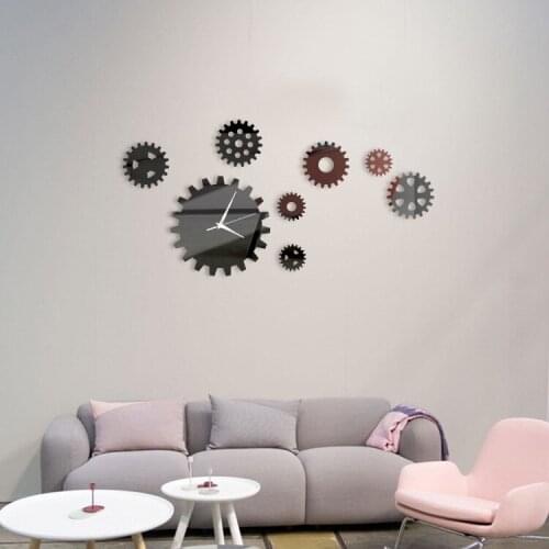 Large DIY Wall Clock, Home Decor 3D Mirrors Acrylic Wall Mirror Clock Stickers, Vintage Gear Design Wall Clock