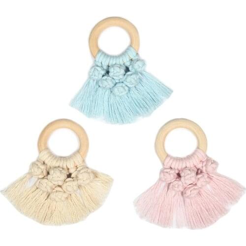 Baby Teething Wooden Ring Rattle Crochet Tassel Teether Bracelet Nursing Toys Y4QA