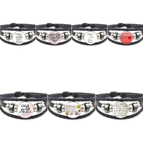 EJ Glaze Delight Yourself in the Lord For Women Christmas Gift Glass Cabochon Black Leather Bracelet Bangle