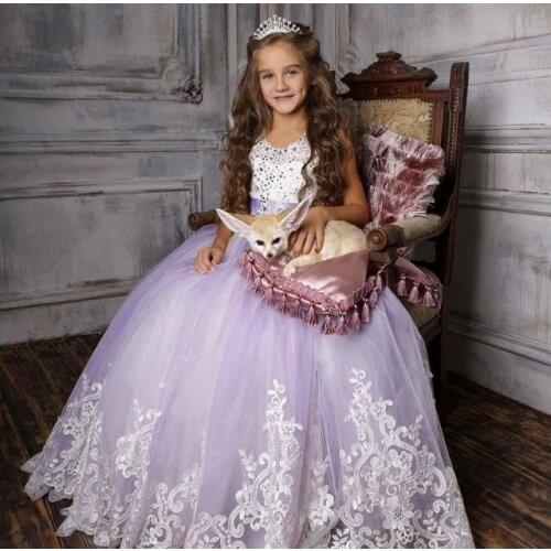 Purple Skirt Flower Girl Dresses Princess Ball Gowns Sleeveless Lace Beading Pageant Girls Dresses