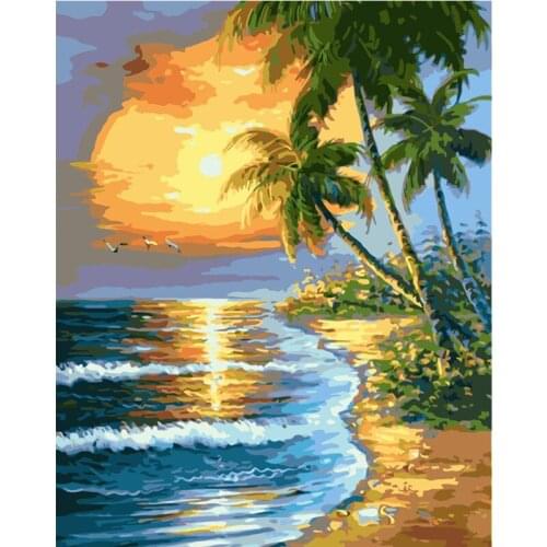 Painting By Numbers DIY Dropshipping 50x65 60x75cm Sunset Beach Coconut tree Scenery Canvas Wedding Decoration Art picture Gift